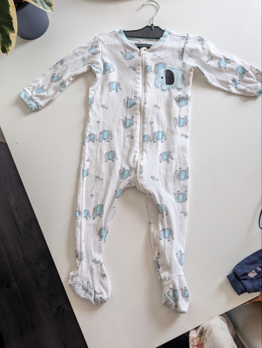 Soft White Baby Footed One-Piece with Blue Elephant Print